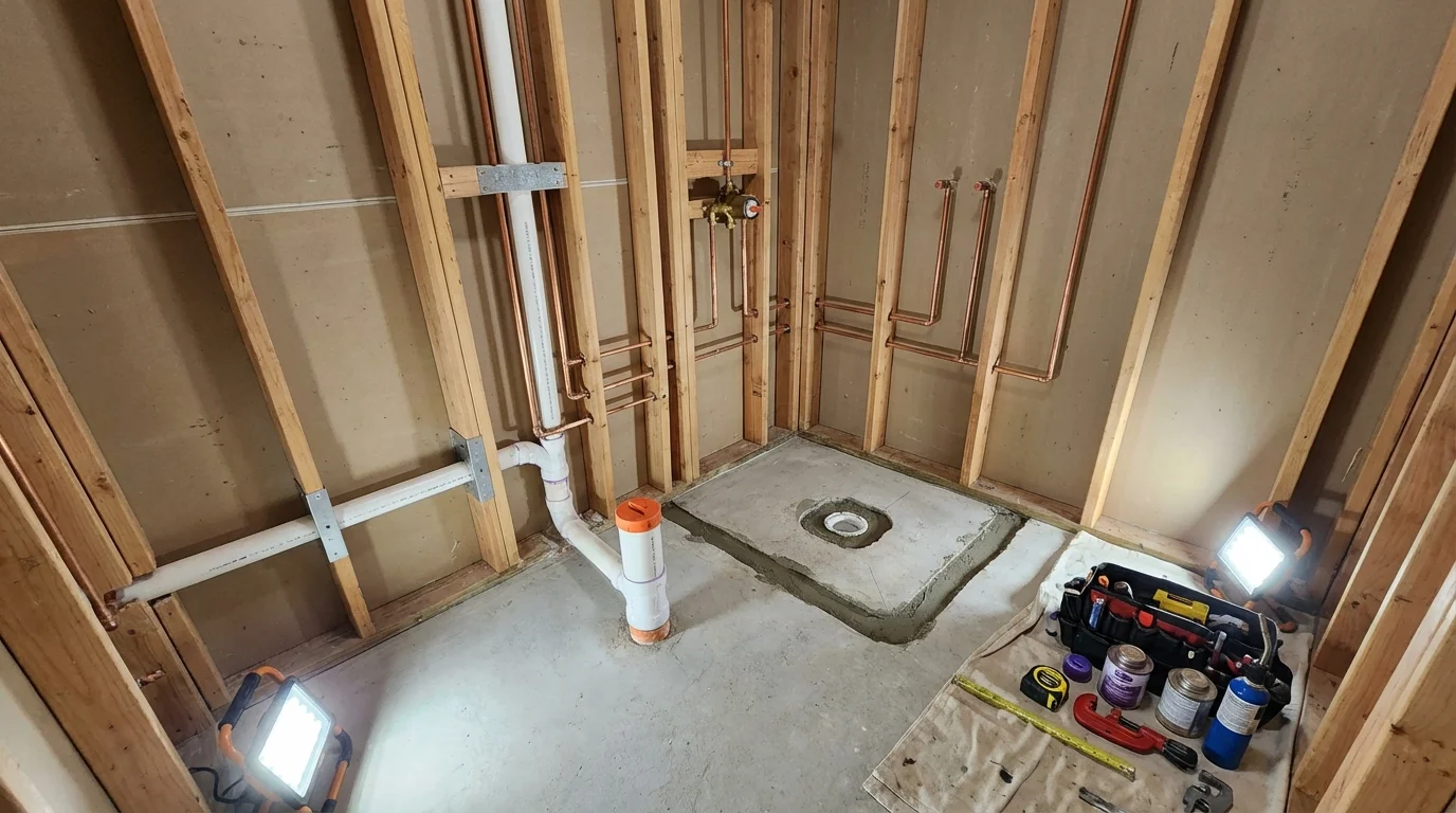 Bathroom rough-in plumbing during remodel by Johns Plumbing LLC in Chatsworth