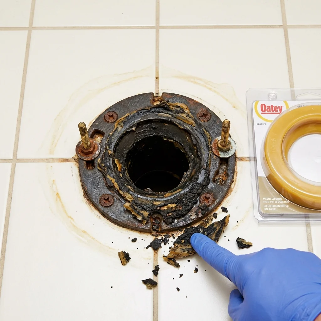 Failed wax ring showing water seepage at the base of a toilet in a Chatsworth, IL home